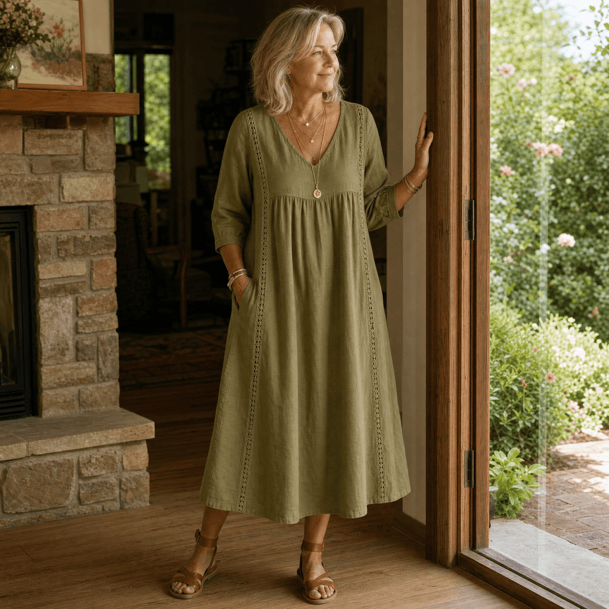 Women's Relaxed Linen-Cotton Summer Midi Dress with Lace Trim and Pockets
