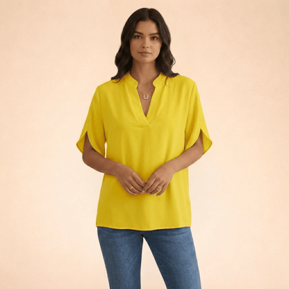Women's V-Neck Split-Sleeve Top with Flowy Loose Fit