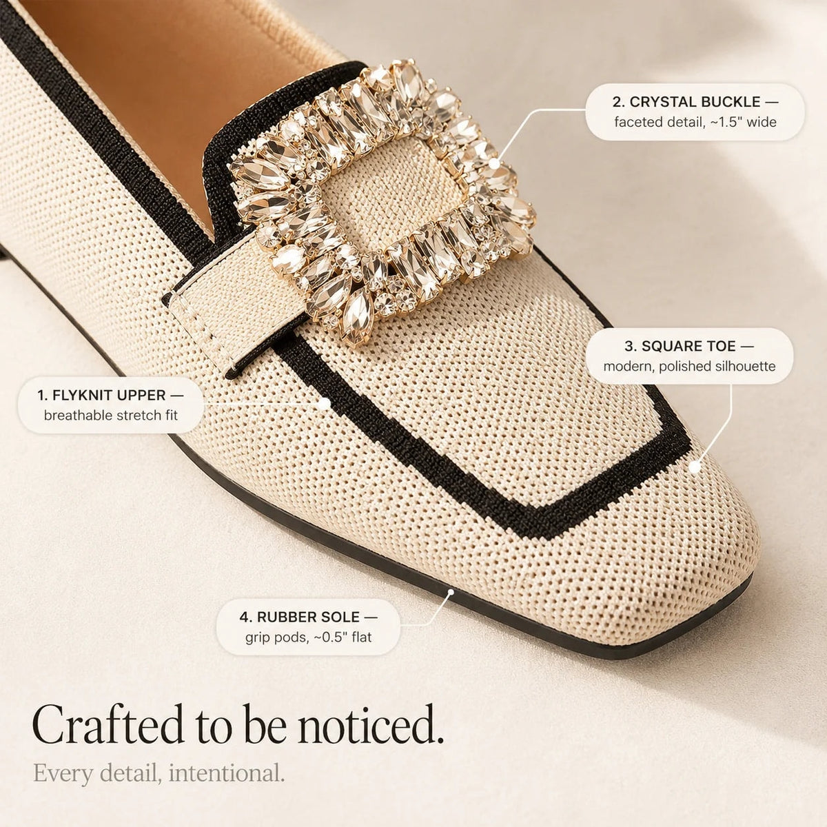 Crystal Buckle Square-Toe Knit Loafer Flats for Women