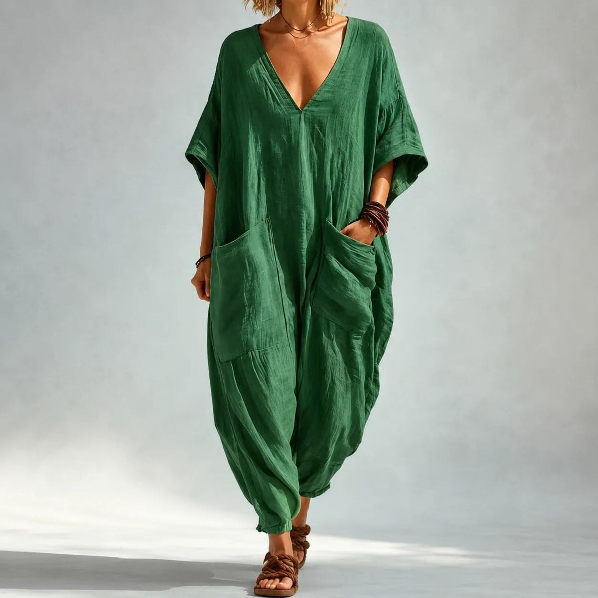 Women's Loose V-Neck Batwing Sleeve Jumpsuit with Deep Pockets