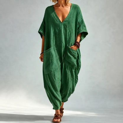 Women's Loose V-Neck Batwing Sleeve Jumpsuit with Deep Pockets