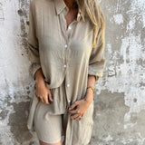 Sasha Two-Piece Matching Linen Shirt and Shorts Set with Long Sleeves
