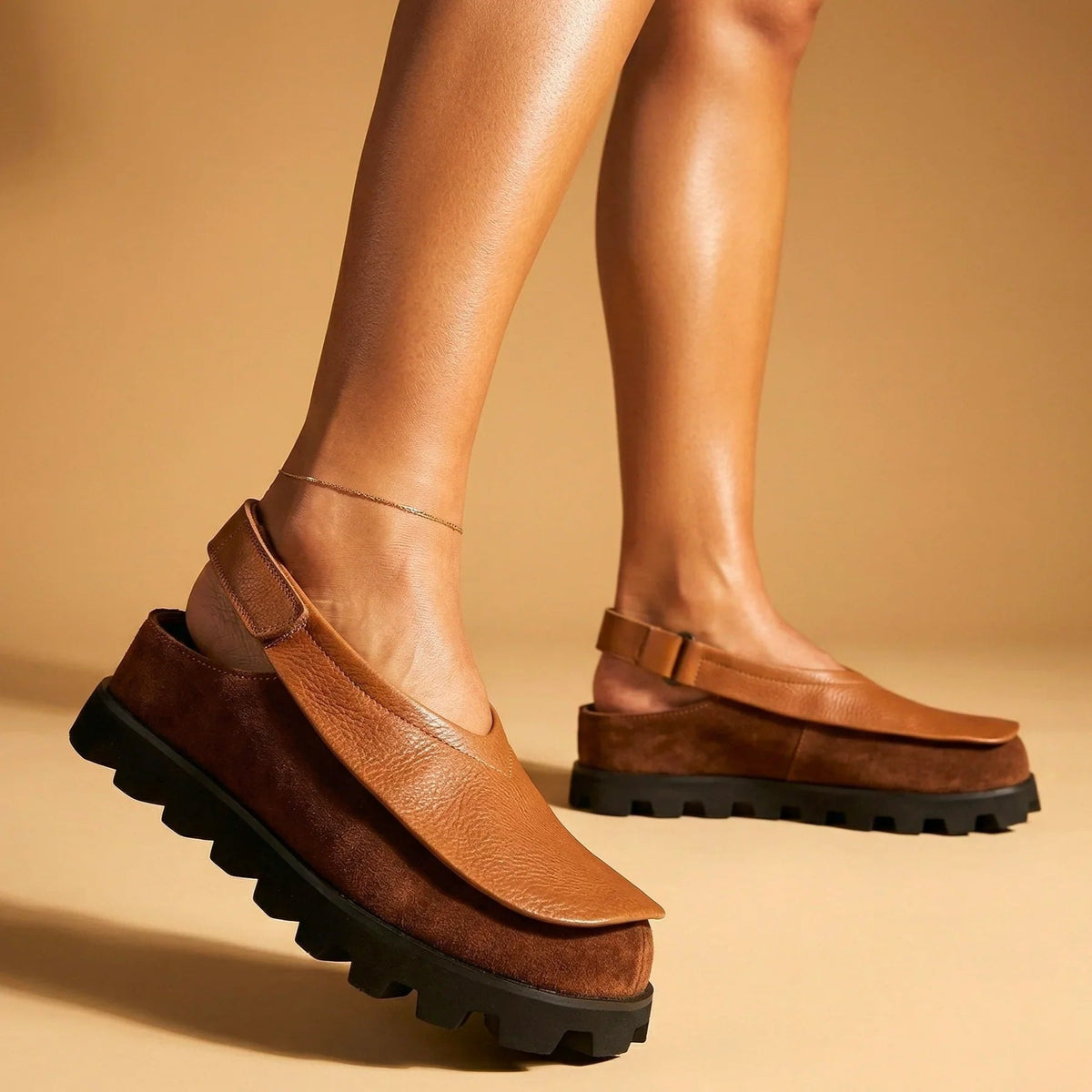 Solvana Cushioned Leather Flat Shoes with Slingback Strap and Chunky Sole