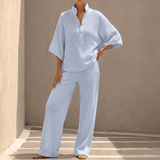 Vienelle Waffle-Knit Two-Piece Lounge Set with Wide-Leg Pants