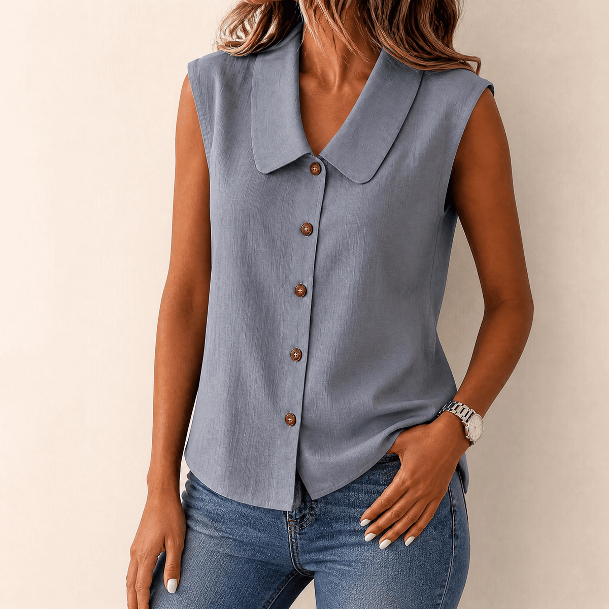 Women's Collared Sleeveless Button-Up Blouse with V-Neck