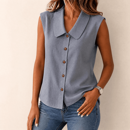 Women's Collared Sleeveless Button-Up Blouse with V-Neck