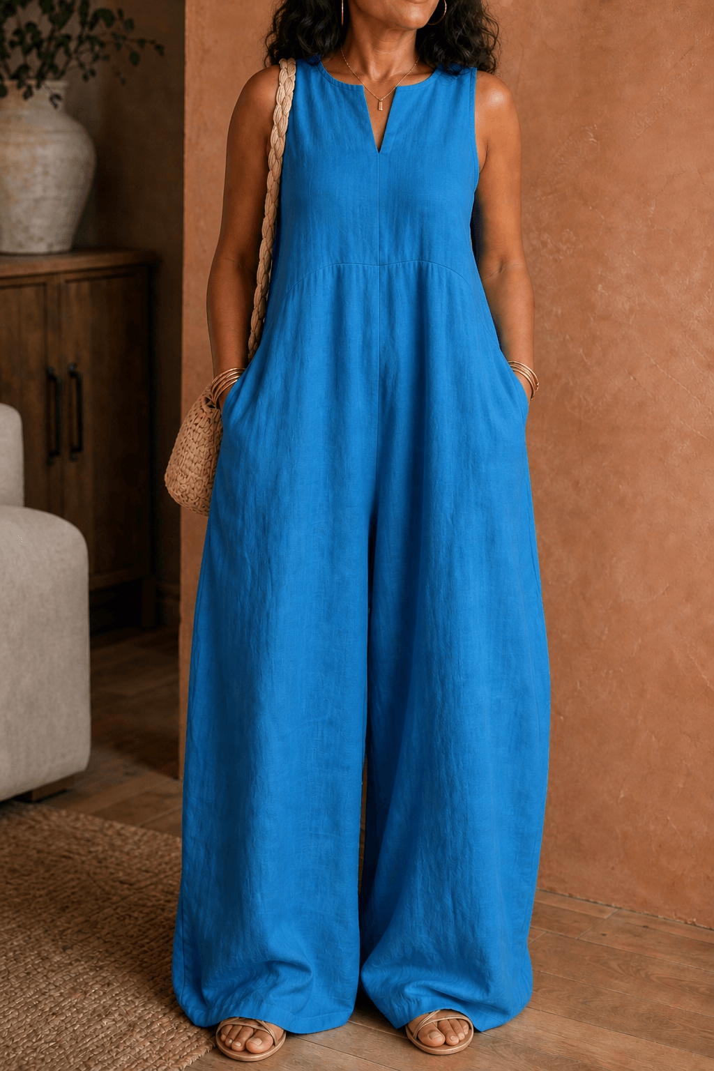 Women's Wide-Leg V-Neck Linen-Look Jumpsuit with Pockets
