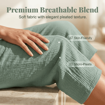 Women's Cotton Linen Cropped Wide-Leg Pants with Drawstring Waist