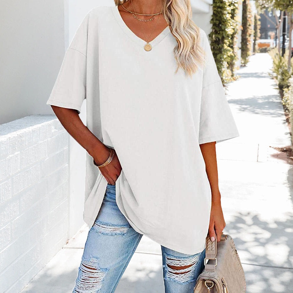 Oversized Cotton V-Neck Short Sleeve Top for Women