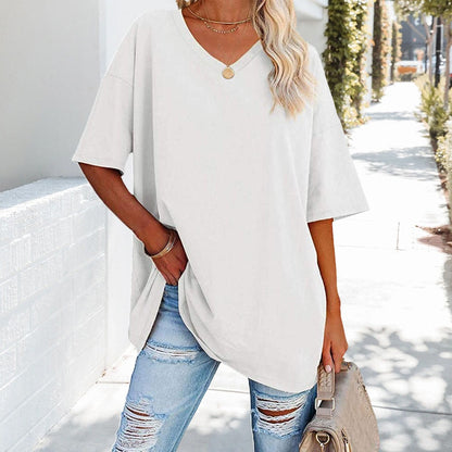 Oversized Cotton V-Neck Short Sleeve Top for Women