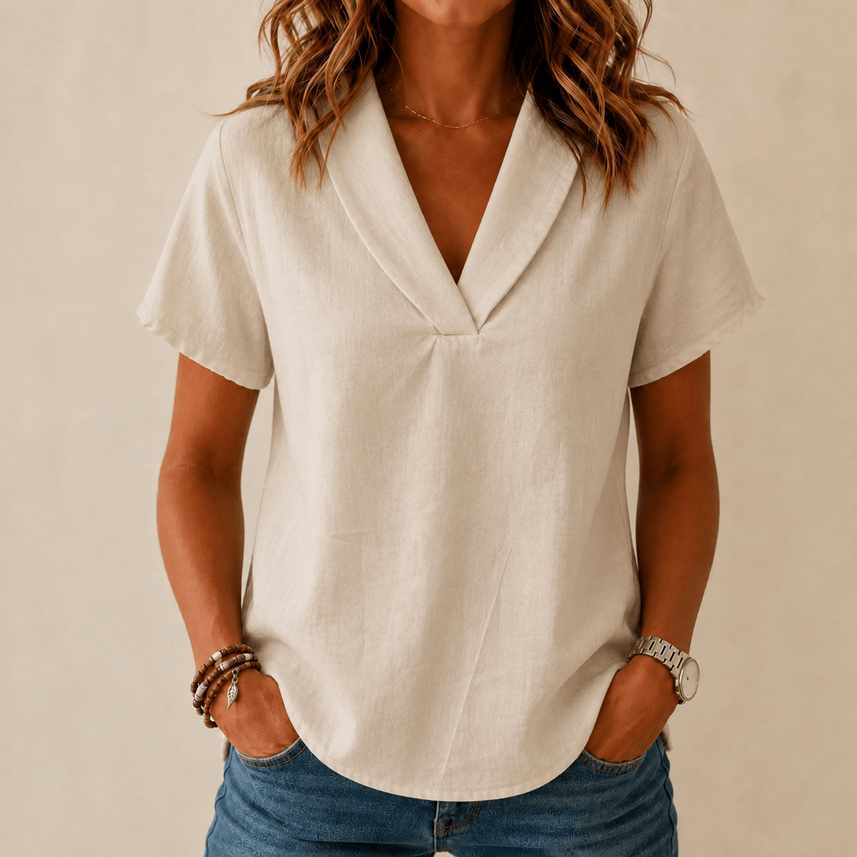 Shawl-Collar V-Neck Short Sleeve Top with Textured Weave