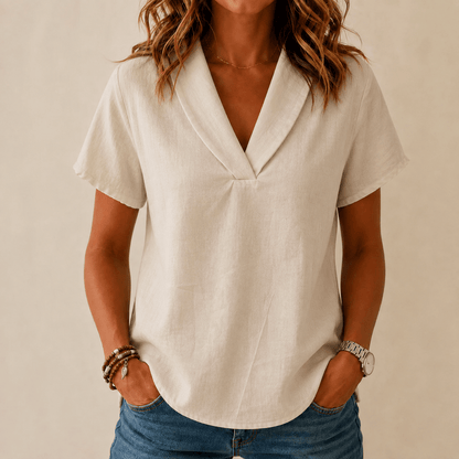 Shawl-Collar V-Neck Short Sleeve Top with Textured Weave