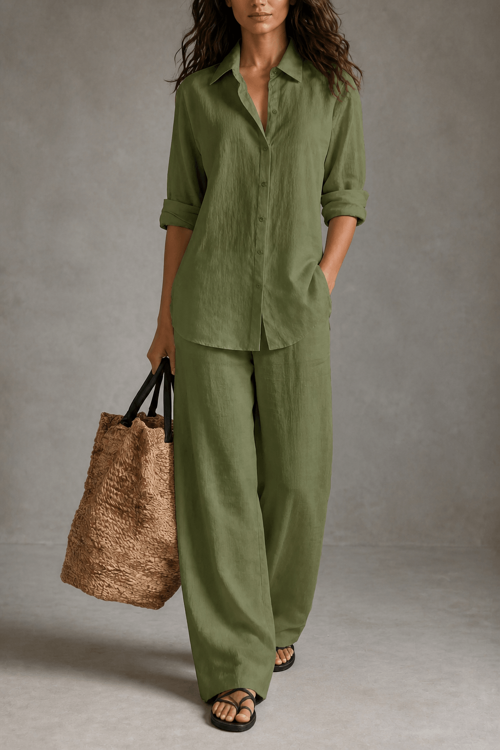 Women's Linen Shirt and Wide-Leg Tailored Trouser Two-Piece Set