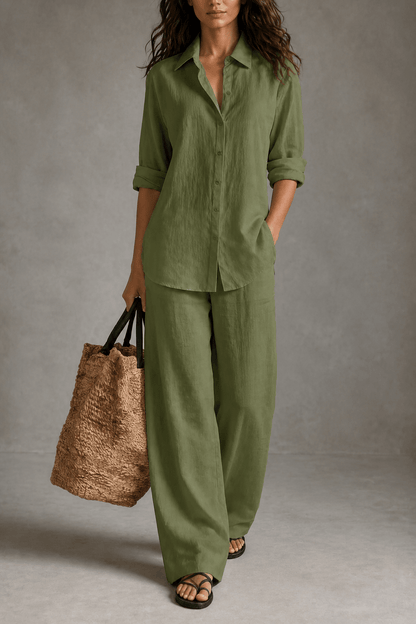 Women's Linen Shirt and Wide-Leg Tailored Trouser Two-Piece Set