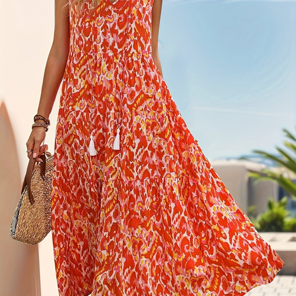 Women's Tiered Sleeveless Boho Maxi Dress with Tie Neck