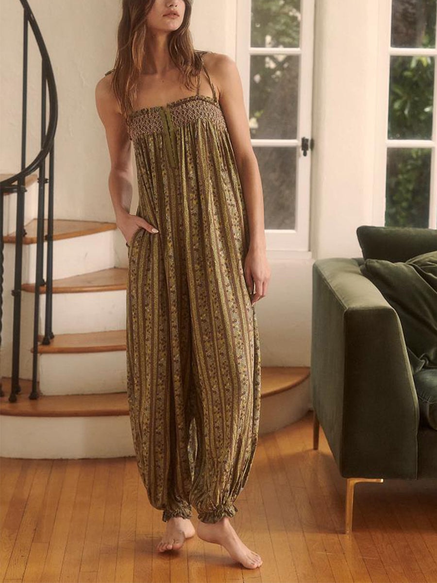 Women's Boho Harem Linen Jumpsuit with Tie-Shoulder Straps