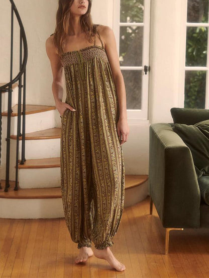 Women's Boho Harem Linen Jumpsuit with Tie-Shoulder Straps