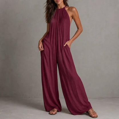 Drevana Halter Wide-Leg Jumpsuit for Women with Deep Pockets and Flowy Drape