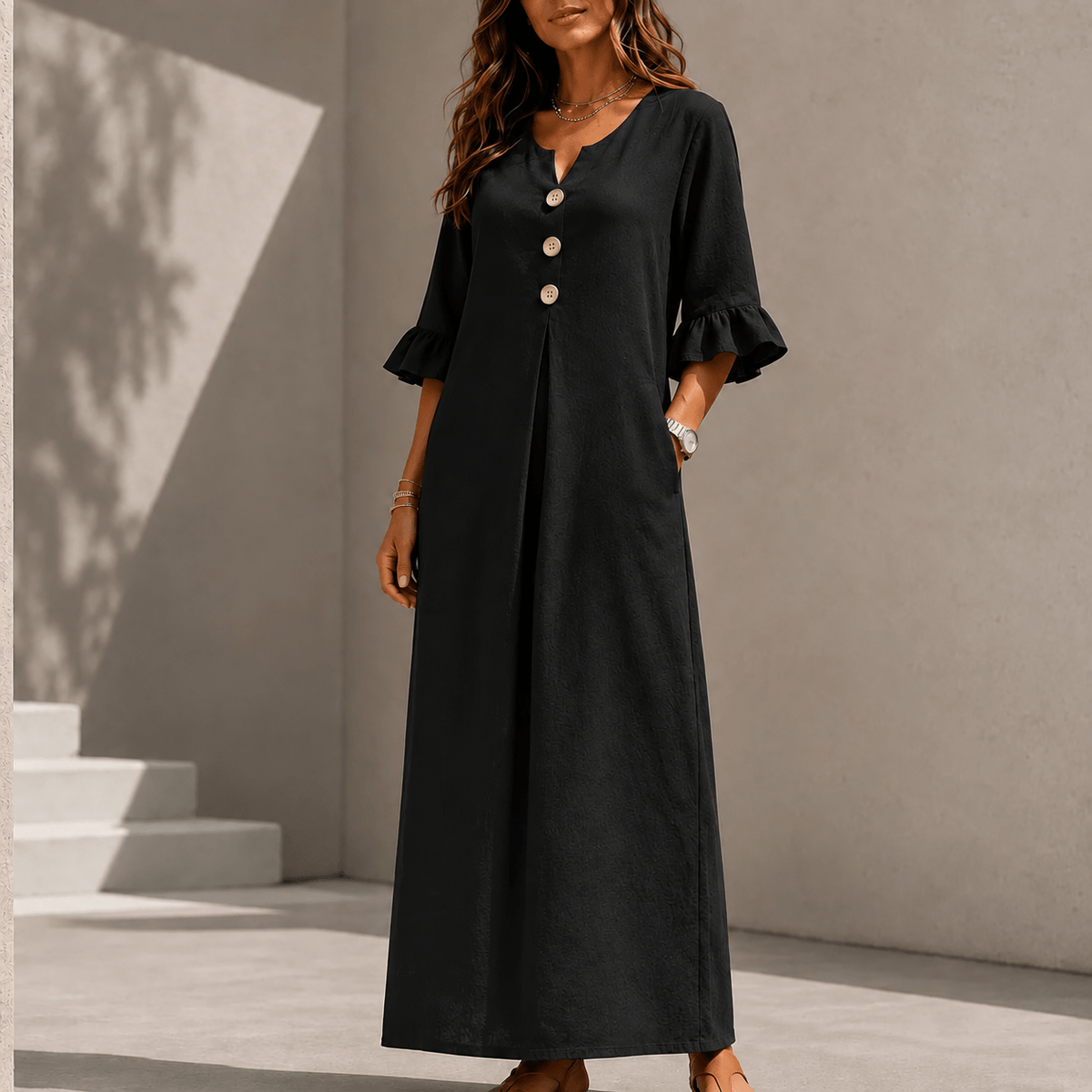 Marellia Flowy Linen-Look V-Neck Summer Maxi Dress with Ruffle Sleeves and Pockets