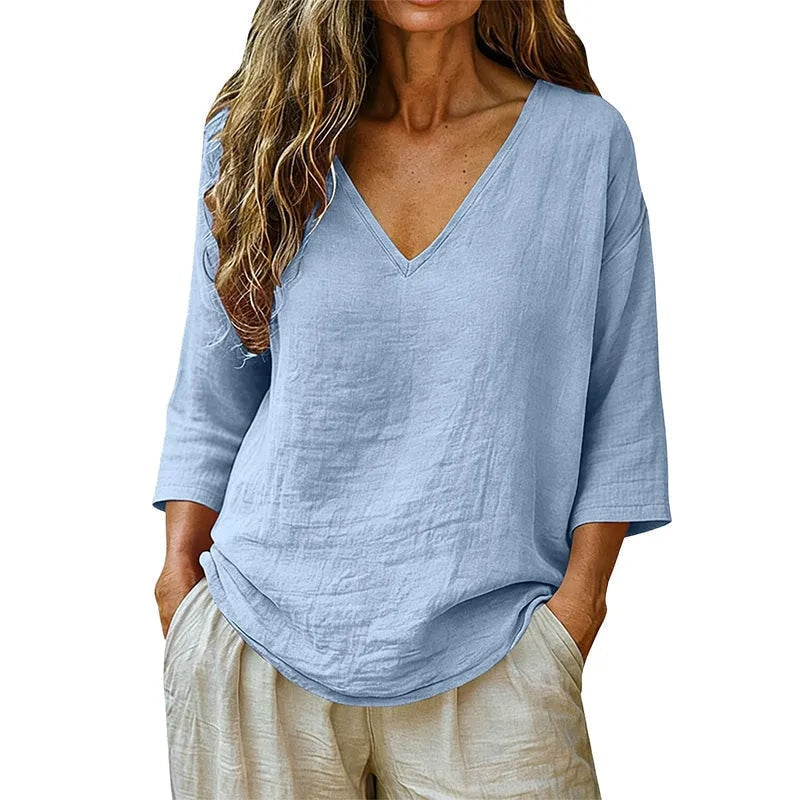 Sereva Women's Relaxed V-Neck Linen Top with Three-Quarter Sleeves