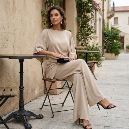 Women's Matching Two-Piece Set with Draped Blouse and Wide-Leg Pants