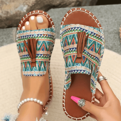 Naomi Kirkland Woven Cushioned Sandals with Boho Tassel Detail for Women