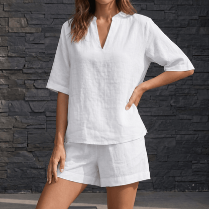 Women's V-Neck Linen-Look Top and Shorts Two Piece Set