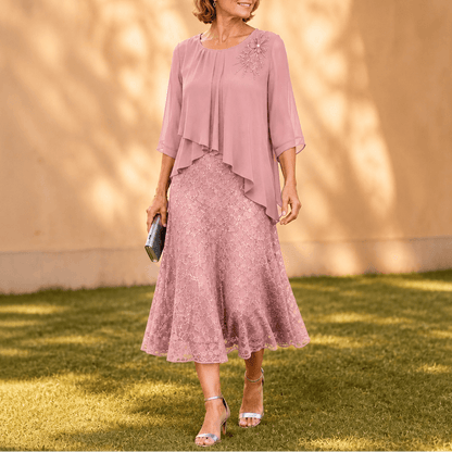 Elavine Layered Chiffon Lace Overlay Women's Midi Dress with Sheer Sleeves