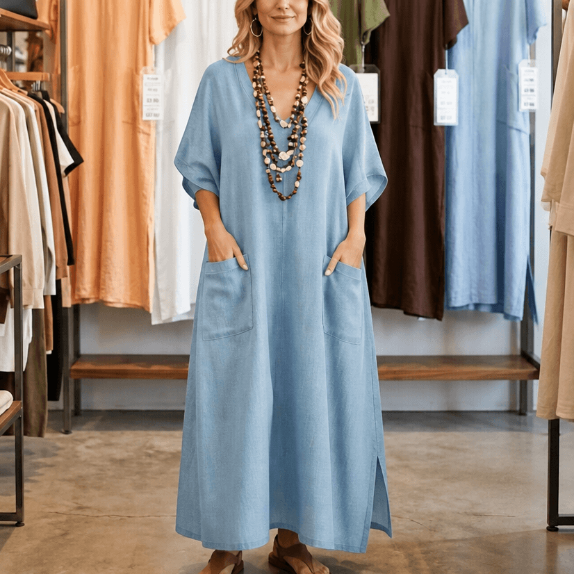 Marisole Loose-Fit V-Neck Maxi Dress with Deep Pockets and Side Slits