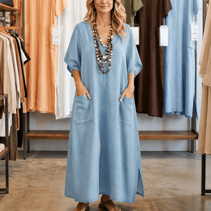 Marisole Loose-Fit V-Neck Maxi Dress with Deep Pockets and Side Slits