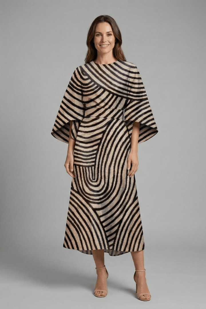 Floral Print Round Neck Women's Midi Dress with Wide Bell Sleeves