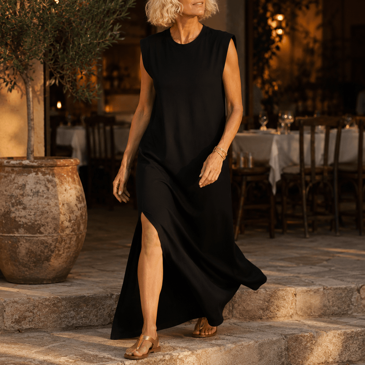 Marella Sleeveless Wrinkle-Free Split-Hem Summer Midi Dress with Pockets