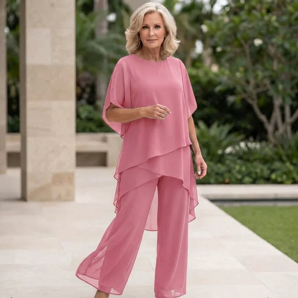 Women's Flowy Two-Piece Wide-Leg Pant Set with Draped Cape Top