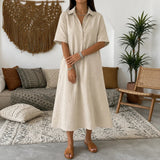 Lunavia Oversized Linen-Look Midi Summer Shirt Dress with Short Sleeves