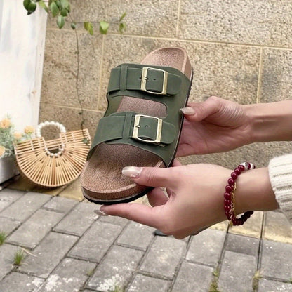 Women's Buckle-Strap Footbed Slide Sandals with Double Adjustable Straps