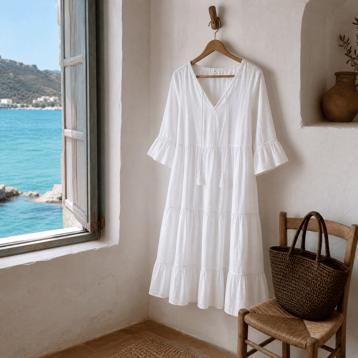 Solera Tiered Cotton Midi Dress with V-Neck Tassel Tie and Flared Sleeves