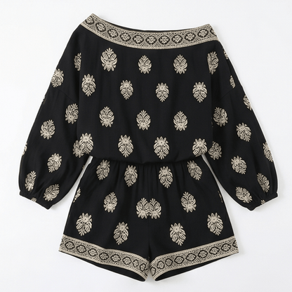 Solenne Off-Shoulder Block Print Two Piece Co Ord Set with Pockets