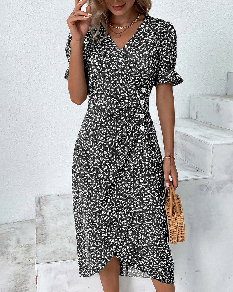 Martha Floral V-Neck Button Front Midi Dress for Women with Puff Sleeves
