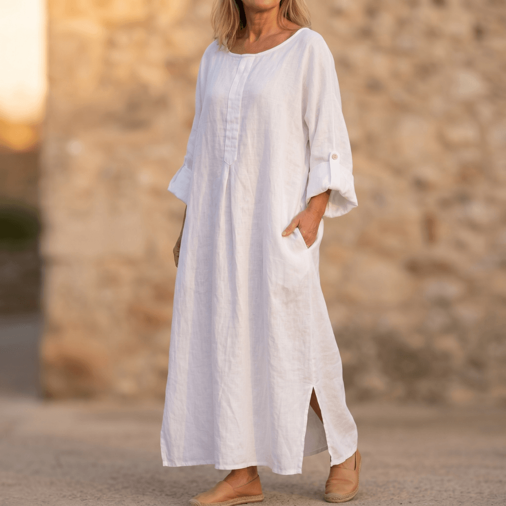 Women's Linen Summer Midi Dress with Roll-Up Sleeves and Side Pockets