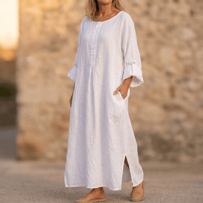 Women's Linen Summer Midi Dress with Roll-Up Sleeves and Side Pockets
