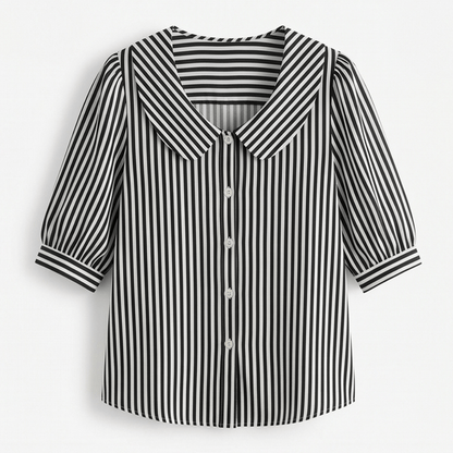 Solène Striped Sailor Collar Top with Puff Sleeves for Women