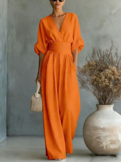 Sophia Merriweather Wide-Leg Linen Jumpsuit with Wrap Waist Tie