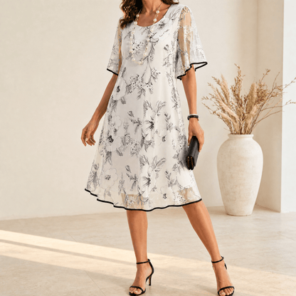 Solenya Black Floral Chiffon A-Line Women's Midi Dress with Sheer Overlay