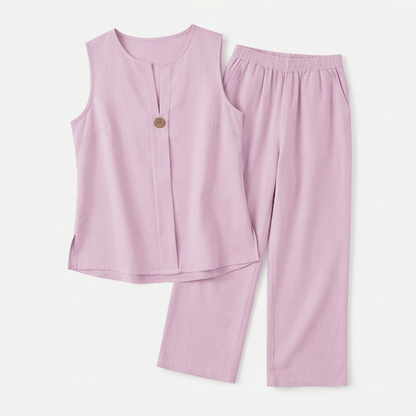 Women's Sleeveless Linen Top with Wide-Leg Tailored Trouser Set