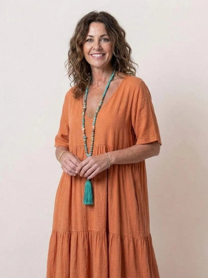 Women's Tiered Ruffle V-Neck Midi Dress with Short Sleeves in Polyester
