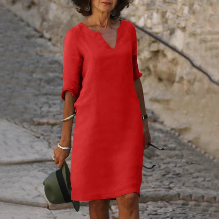 Women's V-Neck Half-Sleeve Polyester Midi Dress