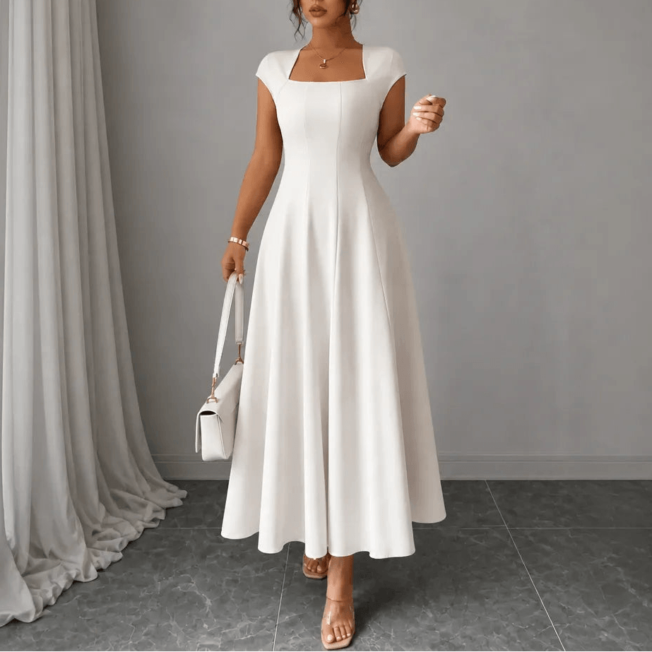 Elowyn Square Neck A-Line Women's Midi Dress with Sculpted Waist Seams
