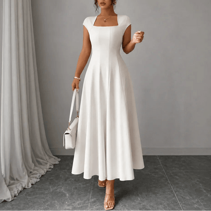 Elowyn Square Neck A-Line Women's Midi Dress with Sculpted Waist Seams