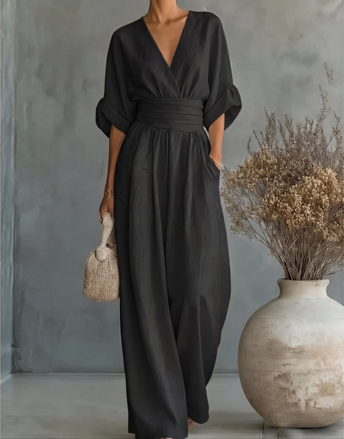 Linen V-Neck Wide-Leg Jumpsuit with Wrap Front and Short Sleeves