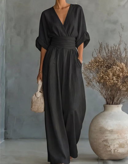 Linen V-Neck Wide-Leg Jumpsuit with Wrap Front and Short Sleeves